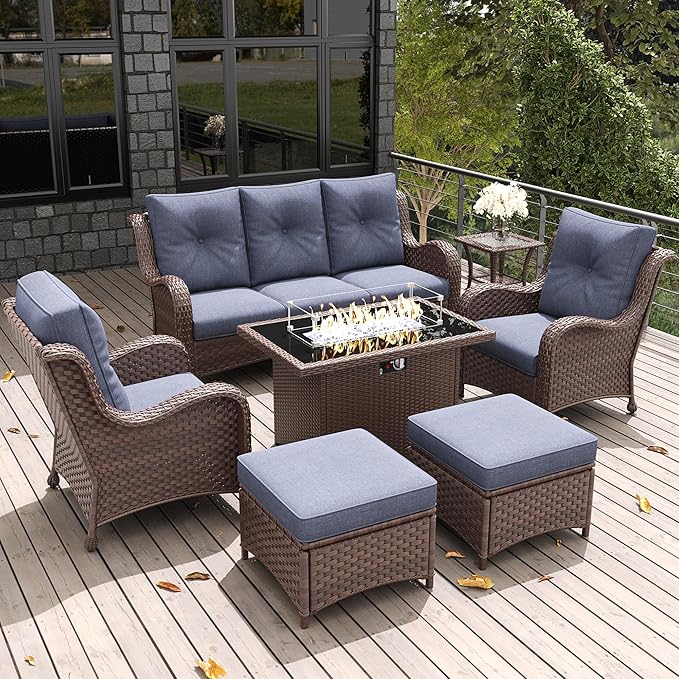 LayinSun 7 Pieces Outdoor Patio Furniture Set with Fire Pit Table, Rattan Wicker Sectional Chairs Sets with Ottomans, Single Chairs and Coffee Table
