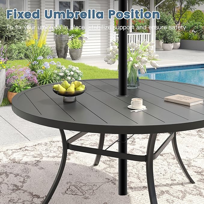 DIFY 50" Round Outdoor Patio Dining Table for 6, Metal Patio Table with 1.57" Adjustable Umbrella Hole, All-Weather Dining Furniture Table for Backyard Lawn Garden, Black