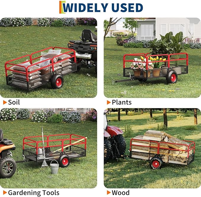 GarveeLife ATV UTV Trailer Tow Behind Dump Cart, 1600 lbs 22 Cubic Feet Heavy Duty Yard Garden Trailer Pull Behind with Removable Sides & All Terrain Tires, Fits Lawn Mower, Tractor, Garden