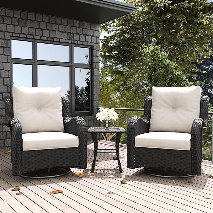 LayinSun 3 Pieces Outdoor Patio Furniture Set, Rattan Wicker Swivel Rocker Chairs Sets with Swivel Glider Chairs and Coffee Table
