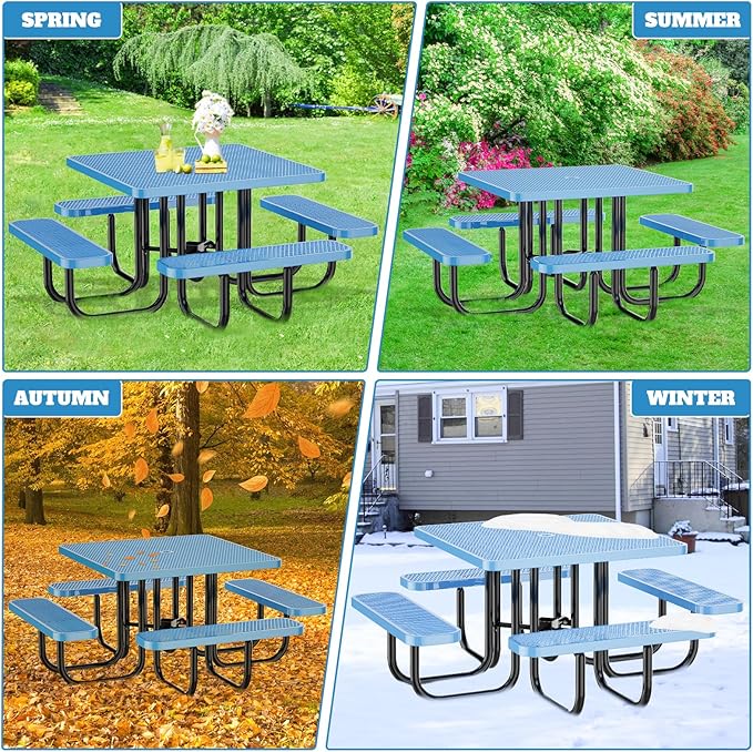46" Square Top Outdoor Picnic Table Set for Up to 8 Persons, Outside Table Set with 4 Built-in Benches, Metal Commercial Grade Dining Furniture with Umbrella Hole for Garden, Backyard, Patio, Blue