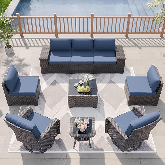 Kurapika 9 Pieces Patio Furniture Set, Rattan Sofa Set, Outdoor Conversation Sets w/Swivel Rocking Chairs Patio Sectional Sofa w/4in Cushion, Navy Blue