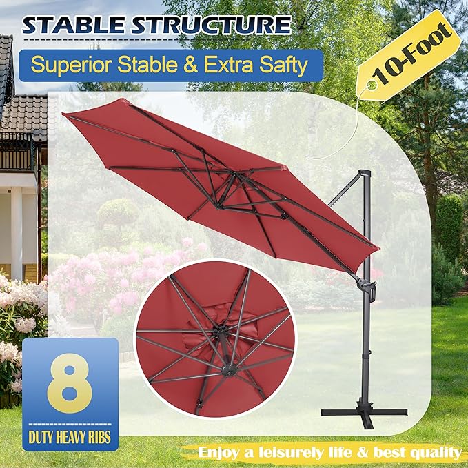 Sunnyglade 10Ft Cantilever Patio Umbrella, 360° Rotation & Integrated Tilting System Offset Umbrella with 8 Sturdy Ribs, Fade-resistant & Waterproof for Garden Backyard Poolside Deck