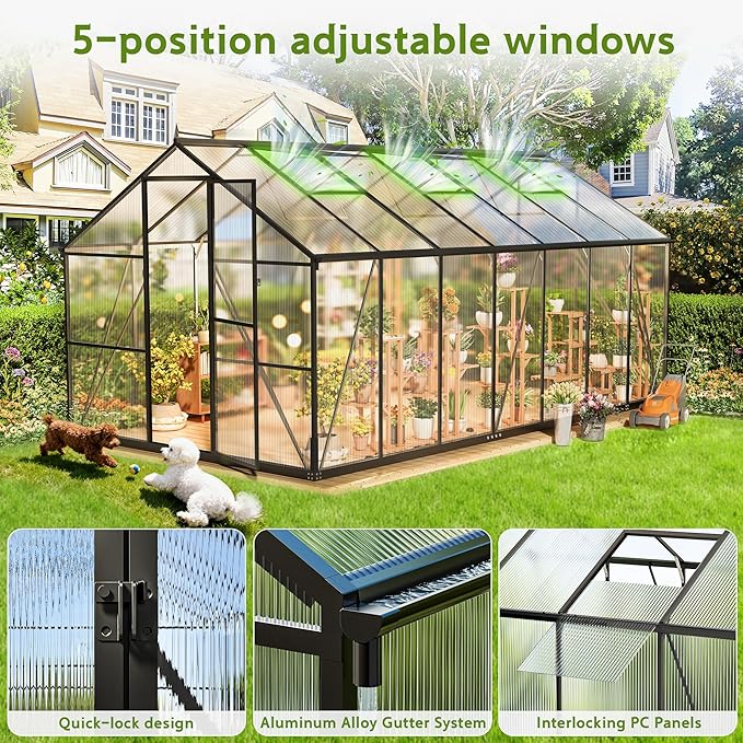 Wanan 14x8FT Greenhouses for Outdoors, Quick Assembly Polycarbonate Green House with UV Protection, Windproof Aluminum Frame Heavy Duty, Adjustable Roof Vent for Backyard or Outdoor Garden Use