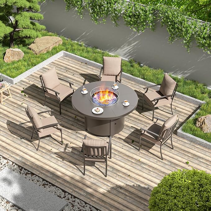 7 Pieces Patio Furniture Set with Round Fire Pit Table, Outdoor Conversation Sets 6 Chairs with Upgrade Cushions for Patio, Backyard Brown