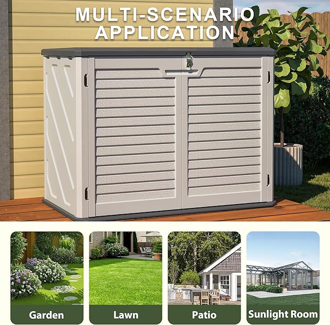 Outdoor Storage Shed Horizontal Plastic Shed W/Lockable Cabinet,Weather Resistance Foldable House W/Sloped Roof & Dual-Locking Mechanism,28 Cu.ft Garden Tool House for Backyards,Patio,White