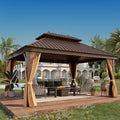 GAZEBEST 12' X 16' Hardtop Gazebo, Outdoor Galvanized Steel Double Roof Permanent Aluminum Frame Pavilion Pergola Canopy with Privacy Curtains for Garden, Patio, Backyard, Deck and Lawns.
