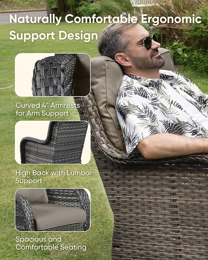 HUMMUH Patio Furniture Set with Fire Pit Table 6-Piece Wicker Outdoor Swivel Rocker Patio Chairs Loveseat Conversation Set for Porch, Backyard, Deck