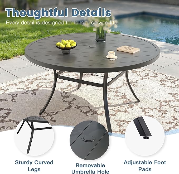 DIFY Patio Round Dining Table, 53" All Weather Round Outdoor Table with 1.57" Umbrella Hole for 8 Person, Perfect for Yard, Balcony and Lawn, Black Tabletop