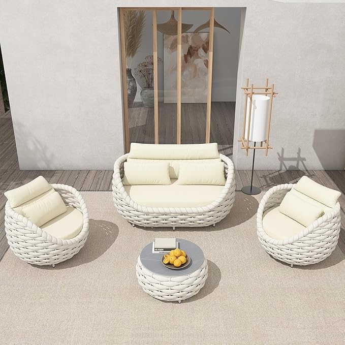 TWT 6-Piece Aluminum Patio Furniture Set, Olefin Rope Modern Outdoor Conversation Set Sectional Sofa with Water Repellent Thick Cushions and Coffee Table for Balcony, Garden, Beige