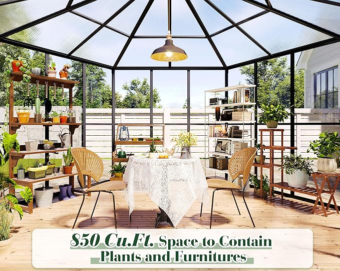 Jocisland 12x10x8 FT Hexagonal Greenhouse, Quick-Connect Aluminum Frame, Dual Roof Vents & Double Doors, Walk-in Garden/Backyard Greenhouse with Gutters, Black