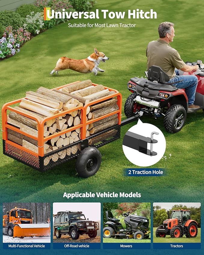 GarveeLife ATV UTV Trailer Tow Behind Dump Cart 22 Cu.ft 1600Lbs Steel, Heavy Duty Pull Behind Utility Dump Trailer for Lawn Mower Trailer Tractor Garden Yard with Removable Rear Panel