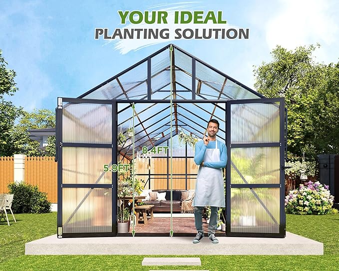 AMERLIFE 10'×14'×8.4' Outdoor Polycarbonate Greenhouse, Heavy-Duty Aluminum Frame Garden Greenhouse with 4 Roof Vents, Rain Gutters & Lockable Door, Fit for Backyard Garden, Black