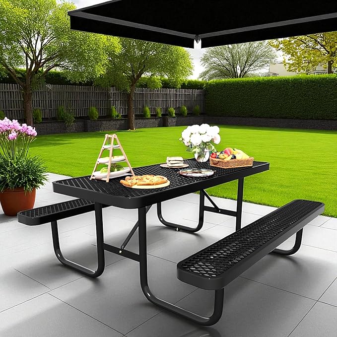 HIMcup 6 FT Metal Picnic Tables for Outside, Outdoor Coated Steel Heavy Duty Commercial Picnic Table with Benches, Patio Table Rectangular Furniture Set for Garden, Lawn, Shops, Parks
