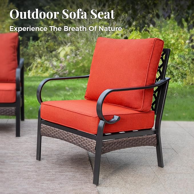 Patio Furniture Set with Coffee Table, Outdoor Conversation Set with 2 x Fixed Chairs, 1 x 3-Seat Sofa for Lawn Garden Backyard, Red