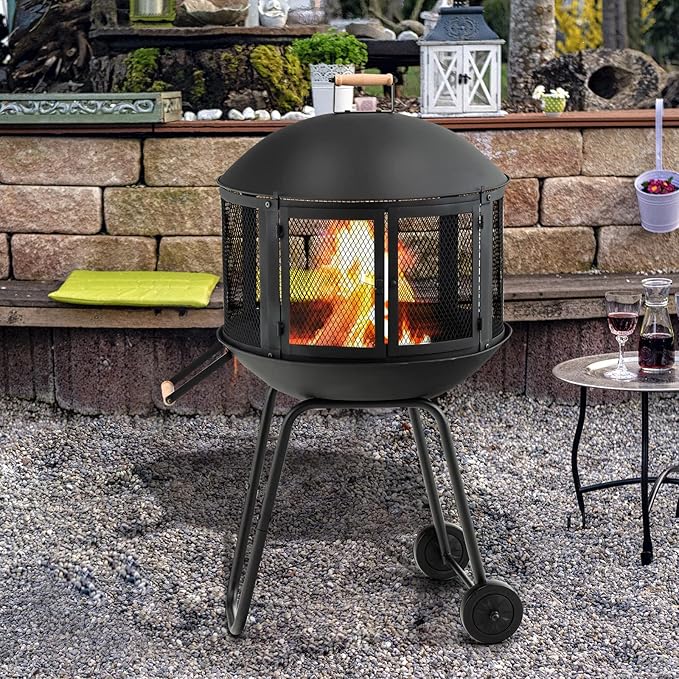 ORALNER Portable Fire Pit on Wheels, 27” Outdoor Wood Burning Firepit Cage w/Spark Screen Cover, Log Grate, Fire Poker, Steel Patio Firepit w/BBQ Grill for Outside Camping, Picnic, Backyard Bonfire