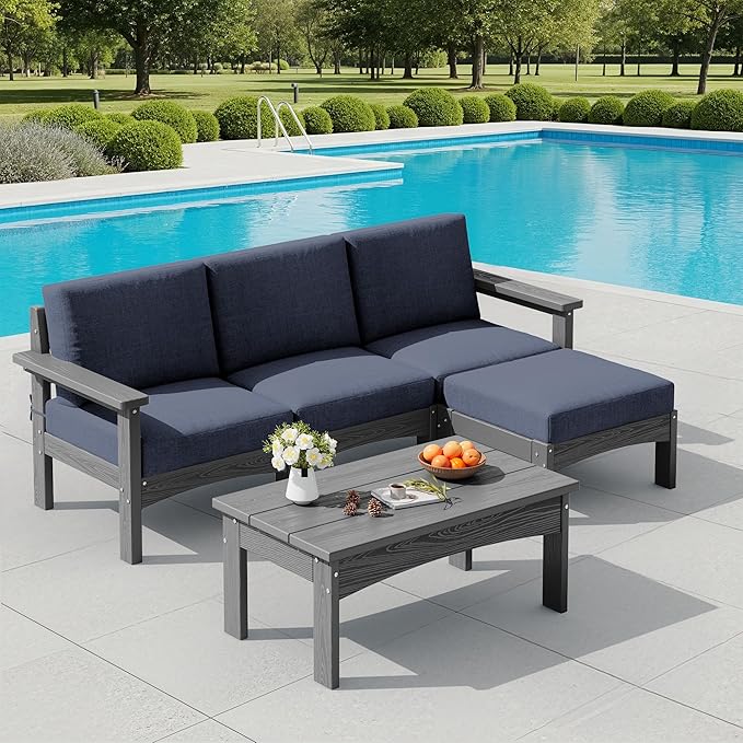 SERWALL 5-Piece Patio Sofas, All-Weather HDPE Outdoor Sectional Sofa with Cushions and Coffee Table, Large Modular Patio Conversation Set for Garden, Lawn, Deck, Porch, Grey Frame with Grey Cushion