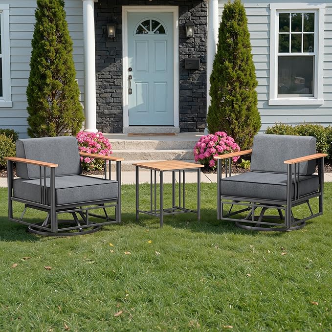 Luxury Patio Swivel Chairs with 6" Extra Thick Cushions, Outdoor Swivel Chairs with Side Table, Outdoor Furniture for Porch, Balcony, Deck, Patio, Yard, Poolside, Black/Grey