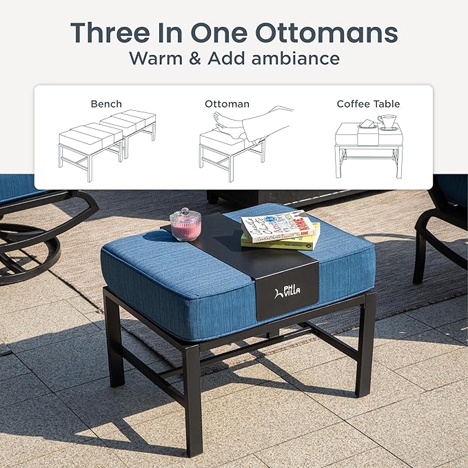 PHI VILLA 5 PCS Patio Furniture Set, Metal Deluxe Patio Set with 1 x 3 Seater Deep Seating Bench, 2 x Swivel Sofa Chairs & 2 x Metal Cushioned Ottoman, Outdoor for Garden, Peacock Blue