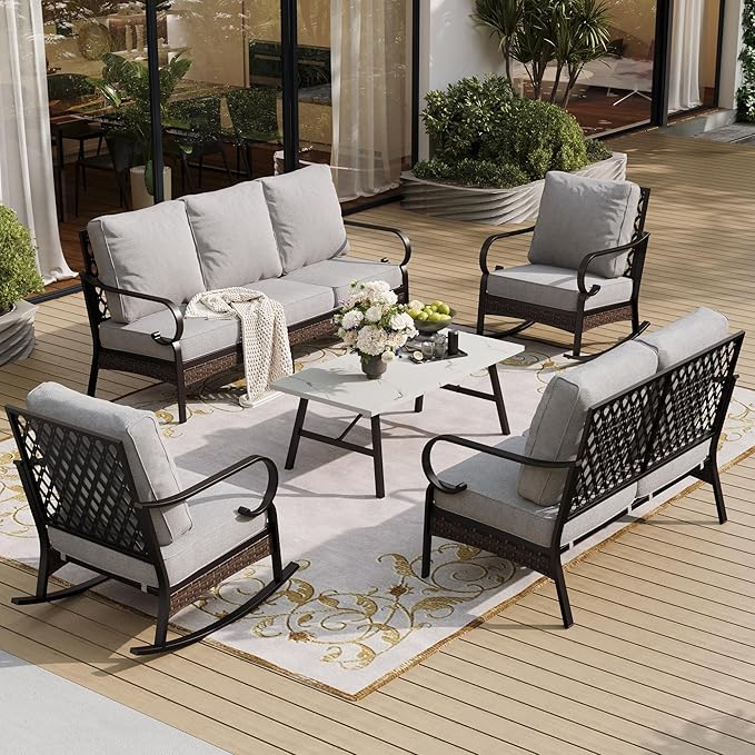 SUNSHINE VALLEY 5 Piece Metal Outdoor Patio Furniture Set, Patio Conversation Sets 3-Seater Sofa, 2-Seater Sofa, 2 Rocking Sofa with 5.75" Cushion & Coffee Table Black Backyard Furniture, Light Gray