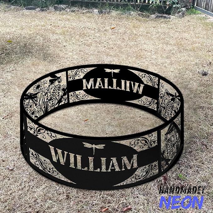 Personalized Fire Pit Ring Dragonfly Custom Name Garden Metal Ring Campfire Stove 360 Degree Firepit Outdoor BBQs Backyard Camping Yard Decor Gifts for Father Nature Lover