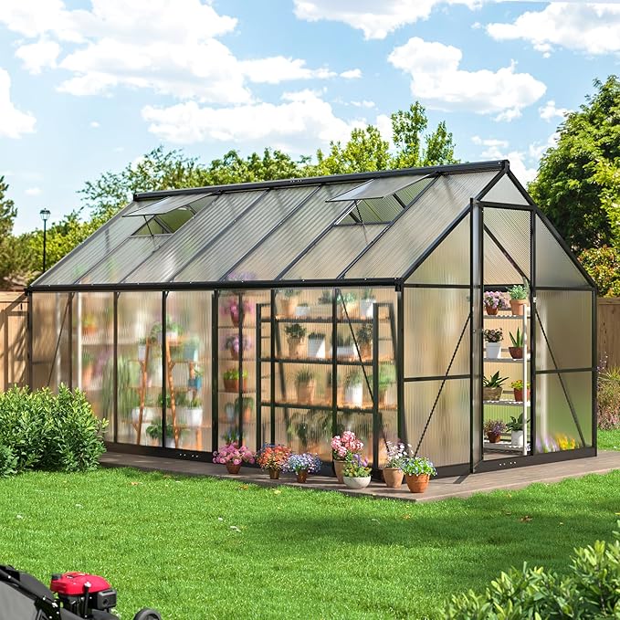 8x14 FT Green House for Outdoors, Quick Setup Polycarbonate Greenhouse with Roof Vent, Aluminum Large Walk-in Greenhouse for Outside Garden Backyard, Black