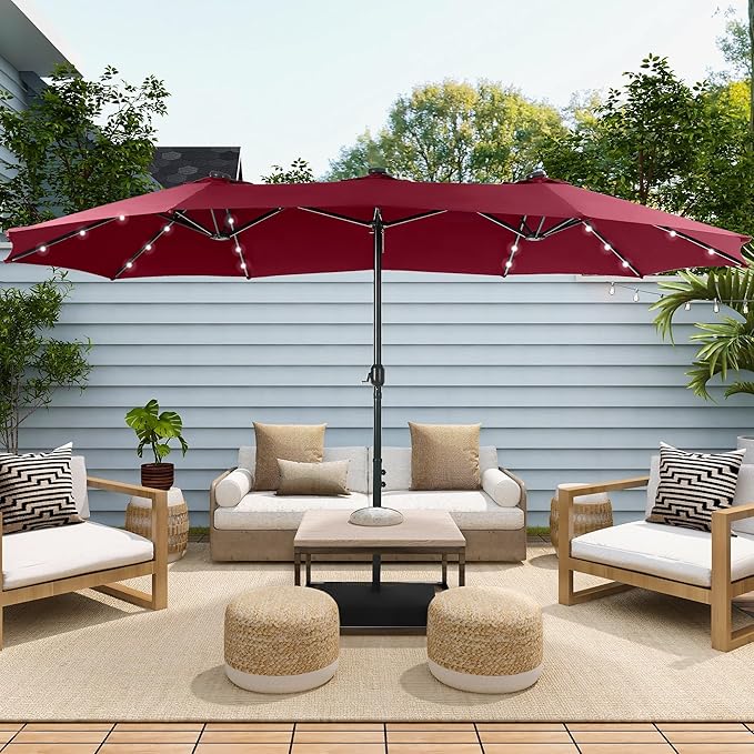 Sophia & William 15 ft Extra Large Patio Umbrella with Solar Lights, Rectangular Outdoor Umbrella with Base Included, Market Umbrella Double-sided Heavy Duty for Pool Garden Backyard, Burgundy
