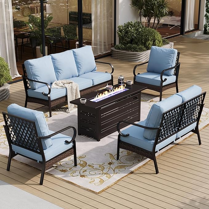 SUNSHINE VALLEY 5 Piece Metal Outdoor Patio Furniture Sets with Firepit Table, Patio Conversation Sets 1 3-Seater Sofa, 1 2-Seater Loveseat, 2 Single Sofa with 5.75" Cushion for Backyard Deck, Blue