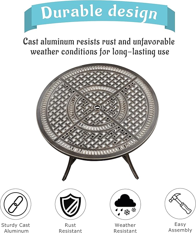 PURPLE LEAF 47" Outdoor Cast Aluminum Round Dining Table with Umbrella Hole Patio Furniture for Backyard Lawn Balcony Deck, Patio Dining Table, Lattice