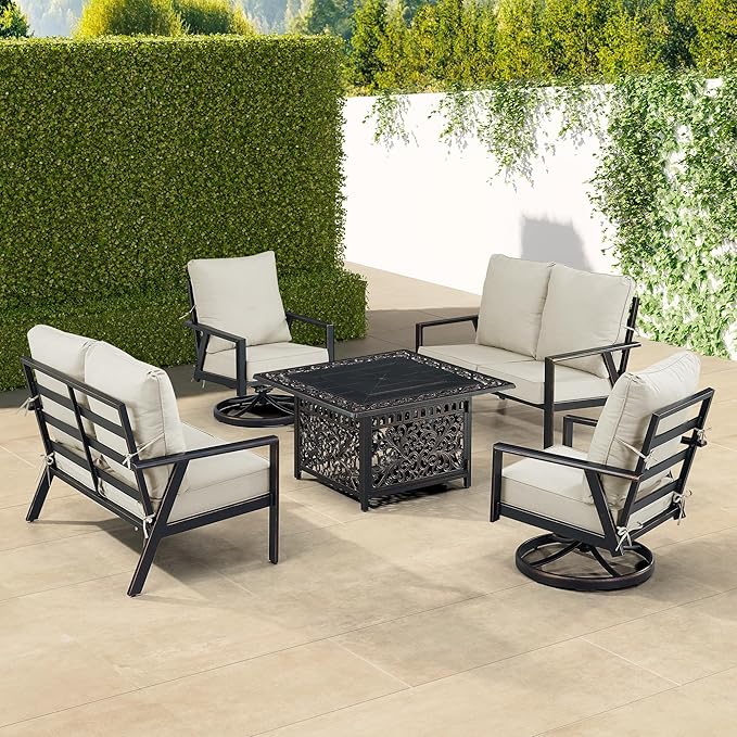 Oakland Living Black Aluminum Patio Fire Table Set with Two Deep Seating Loveseat with Cushions and Two Club Chairs with Light Grey Cushions