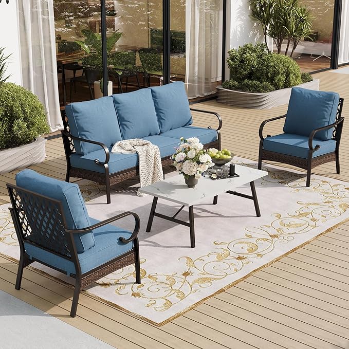 SUNSHINE VALLEY 4 Piece Metal Outdoor Patio Furniture Set, Patio Conversation Sets 1 3-Seater Sofa, 2 Chairs with 5.75" Extra Thick Cushion and Coffee Table, Black Frame Backyard Furniture, Denim Blue