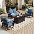 SUNSHINE VALLEY 4 Piece Metal Outdoor Patio Furniture Sets with Firepit Table, Patio Conversation Sets 1 2-Seater Sofa, 2 Rocking Sofa with 5.75" Cushion Black Backyard Furniture for Deck, Denim Blue