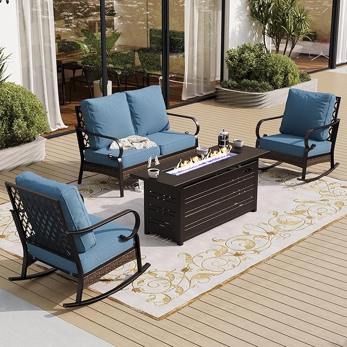 SUNSHINE VALLEY 4 Piece Metal Outdoor Patio Furniture Sets with Firepit Table, Patio Conversation Sets 1 2-Seater Sofa, 2 Rocking Sofa with 5.75" Cushion Black Backyard Furniture for Deck, Denim Blue