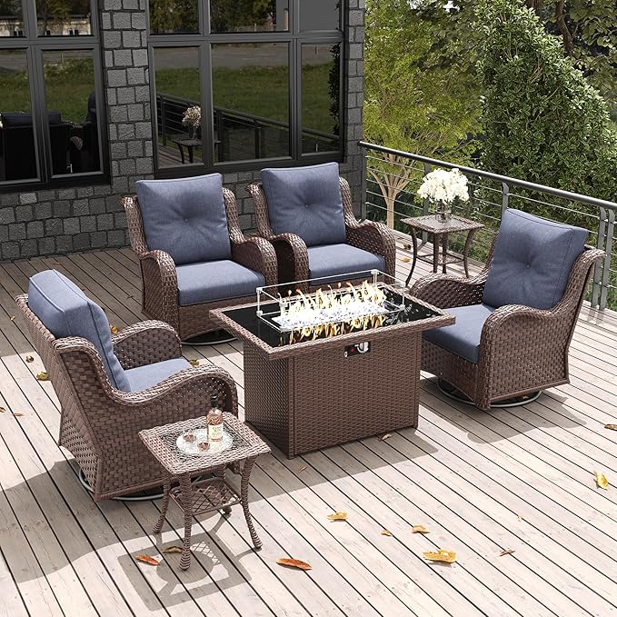 LayinSun 7 Pieces Outdoor Patio Furniture Set with Fire Pit Table, Rattan Wicker Swivel Rocker Chairs Sets with Swivel Glider Chairs and Coffee Table