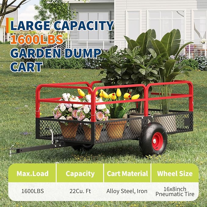GarveeLife ATV UTV Trailer Tow Behind Dump Cart, 1600 lbs 22 Cubic Feet Heavy Duty Yard Garden Trailer Pull Behind with Removable Sides & All Terrain Tires, Fits Lawn Mower, Tractor, Garden
