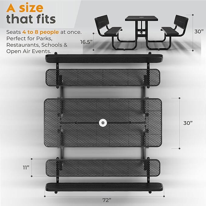 Commercial Heavy-Duty Metal Picnic Table with Backrest - ADA Compliant, Adjustable Seats, Umbrella Hole, Expanded Metal (Black, 6' Rectangular with Back)
