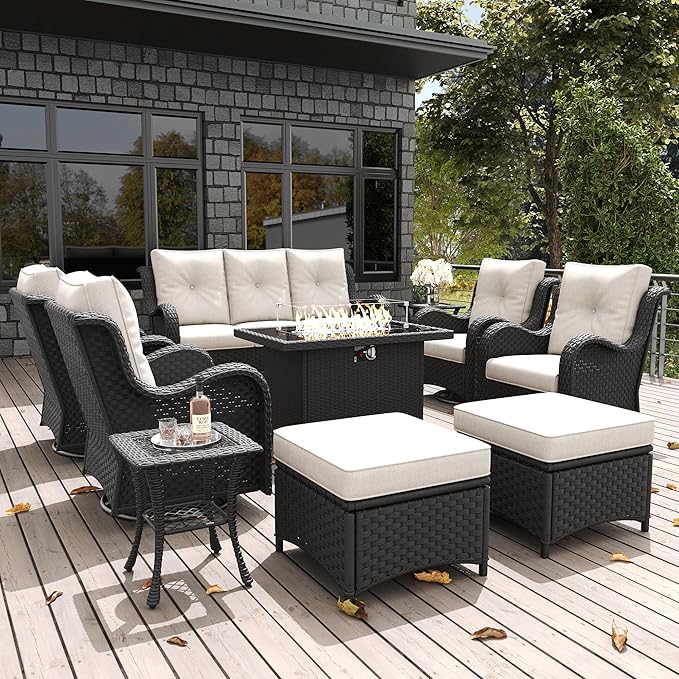 LayinSun 10 Pieces Outdoor Patio Furniture Set with Fire Pit Table, Rattan Wicker Sectional Swivel Rocker Chairs Sets with Ottomans, Swivel Glider Chairs and Coffee Table
