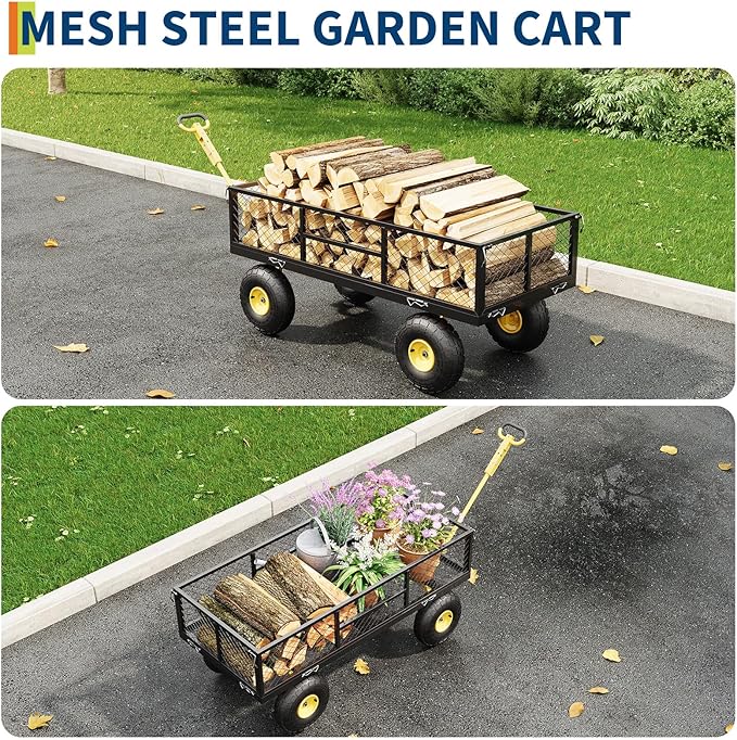 900 LBS Garden Cart on Wheels with Adjustable Handles, Heavy Duty Steel Garden Wagon with Removable Mesh Sides to Convert into Flatbed, Wagon Cart for Lawn Farm Yard, Black