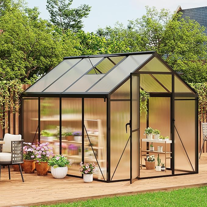 6×8 FT Greenhouse, Large Walk in Greenhouses for Outdoors and Garden Planting, Polycarbonate Greenhouse with Enhanced Aluminum Frame, Green Houses with Quick Setup Structure and Roof Vent, Black