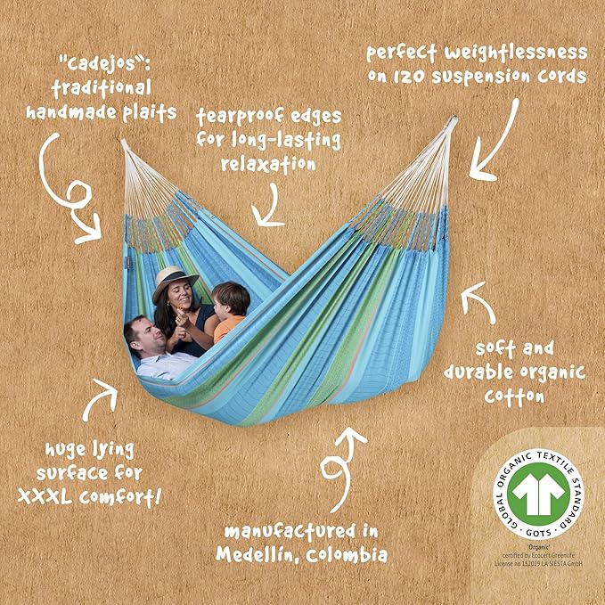 LA SIESTA Flora Hammock, Transform Your Backyard, Patio, or Porch into a Relaxation Oasis, Ultra Soft Cotton Hammock, Max 440 Lbs, Family Hammock, King, Curaçao