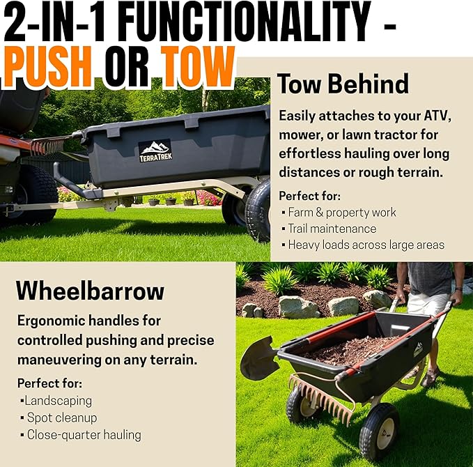 Heavy-Duty Garden Cart on Wheels – 7 Cu. Ft. 2-in-1 Utility Wagon & Wheelbarrow, Push or Tow Design, 600 lb. Capacity, All-Terrain Utility Cart with 13" Pneumatic Wheels