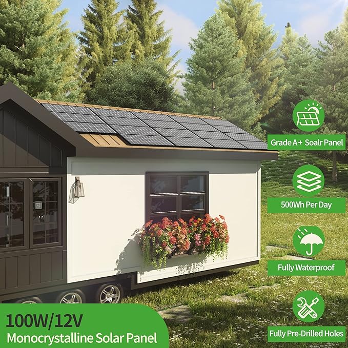 JJN 100 Watt Solar Panels, 10BB Monocrystalline 12V 100W Solar Panel, 23% High Efficiency PV Module Power Charger for RV, Home, Farm, Boat, Caravan and Off-Grid Applications