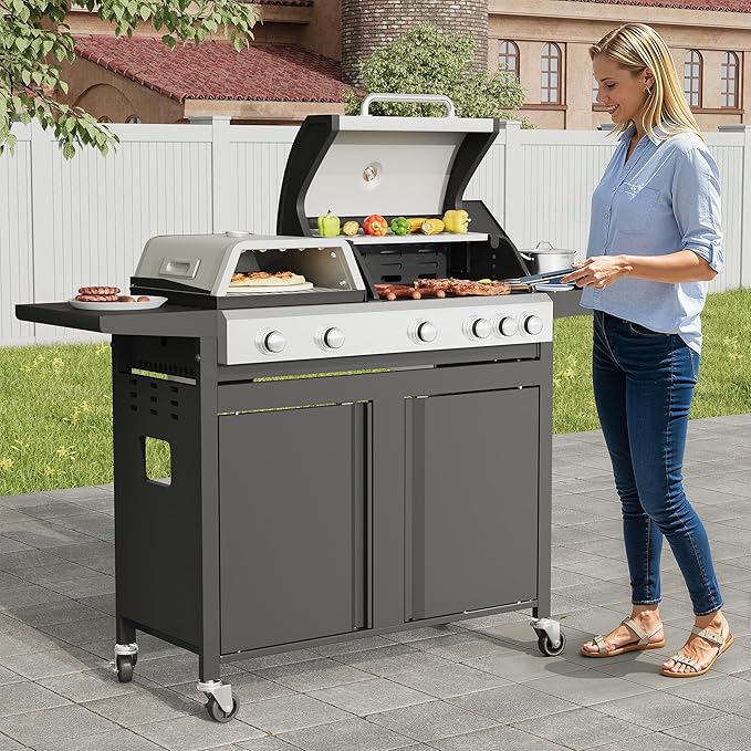 MELLCOM 3 IN 1 Pizza Griddle Grill Combo, 74,000 BTU 5-Burner Stainless Steel Propane Gas Grill with Side Burner, Porcelain Enameled Cast Iron Grates, Griddle & Pizza Oven for Outdoor Patio Backyard