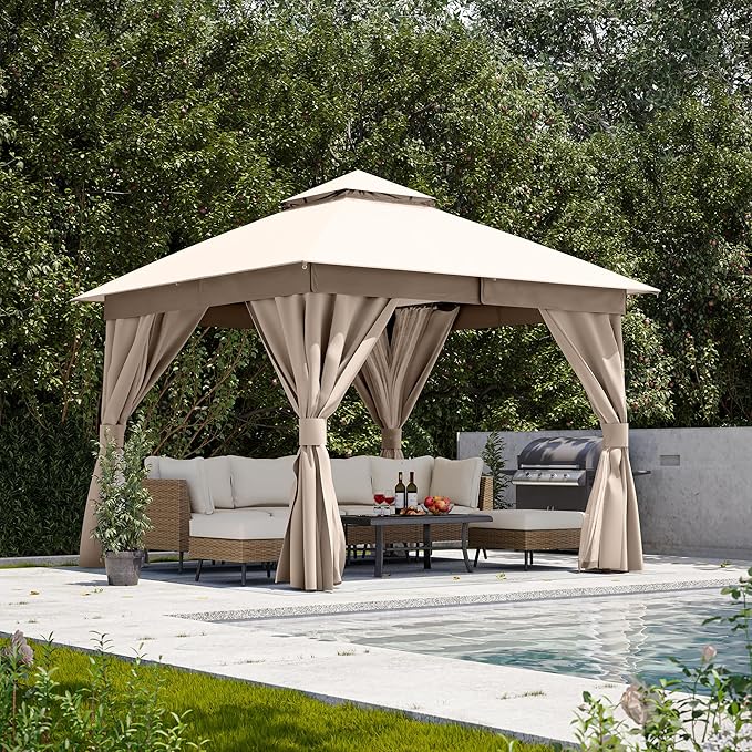 LAUSAINT HOME Gazebo 10x10ft, Heavy Duty Patio Gazebo with Expansion Bolts, Party Canopy Tent with Double Roofs, Mosquito Nettings and Privacy Screens for Backyard, Garden, Lawn, Khaki