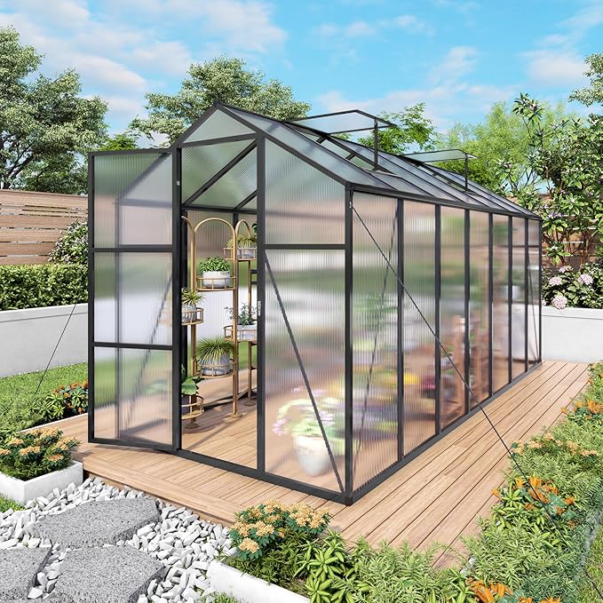 KEIKI Aluminum 6x14 FT Walk-in Polycarbonate Greenhouse, Outdoor Gardening Greenhouse with Raised Base, Roof Vent & Weather-Resistant Panels, Black