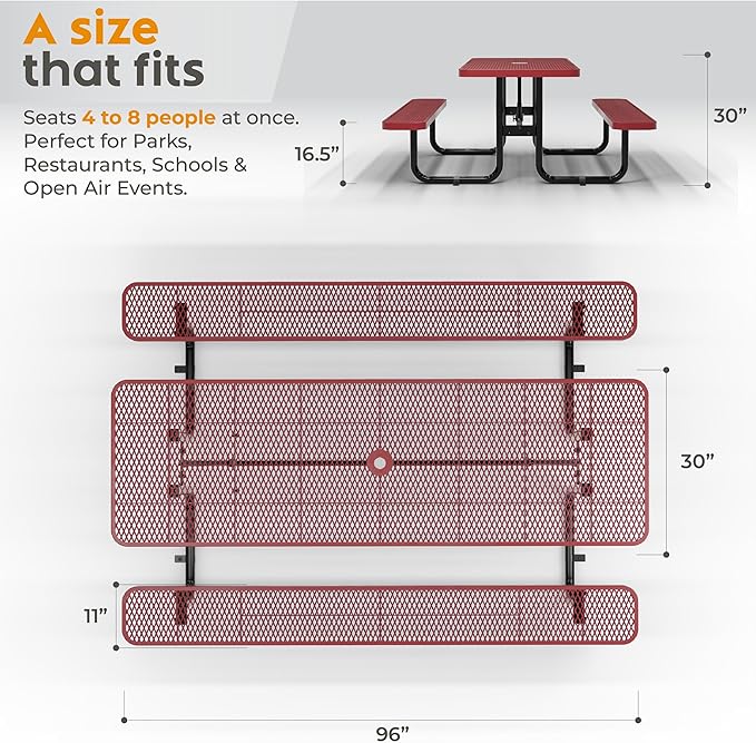 Metal Picnic Furniture for Outdoors with Umbrella Hole - Coated Steel Heavy Duty Commercial Grade Table with Adjustable Seats, Patio Set for a Lifetime (Red, 8' Rectangular)