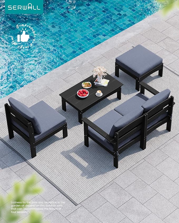 SERWALL 5-Piece Patio Sofas, All-Weather HDPE Outdoor Sectional Sofa with Cushions and Coffee Table, Large Modular Patio Conversation Set for Garden, Lawn, Deck, Porch, Black Frame with Grey Cushion