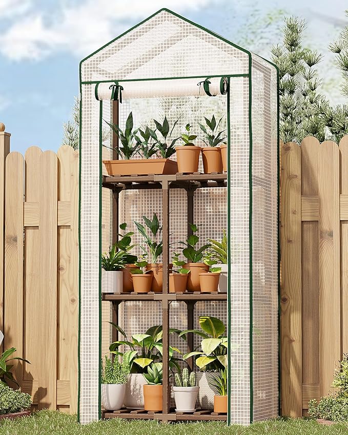 Bamworld Mini Greenhouse for Outdoor 3-Tierd Reusable Portable Warm House with PE Cover Compact Garden and Backyards Portable Rack with Sturdy Eucalyptus Frame Winter-Proof for Plant Protection