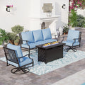 SUNSHINE VALLEY 4 Piece Metal Outdoor Patio Furniture Sets with 5000 BTU Firepit Table, Patio Conversation Sets 1 3-seater Sofa, 2 Swivel Chair with 5.75" Thick Cushion, Black Backyard Furniture, Blue