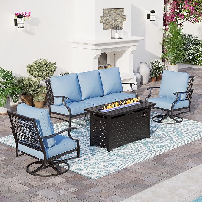 SUNSHINE VALLEY 4 Piece Metal Outdoor Patio Furniture Sets with 5000 BTU Firepit Table, Patio Conversation Sets 1 3-seater Sofa, 2 Swivel Chair with 5.75" Thick Cushion, Black Backyard Furniture, Blue